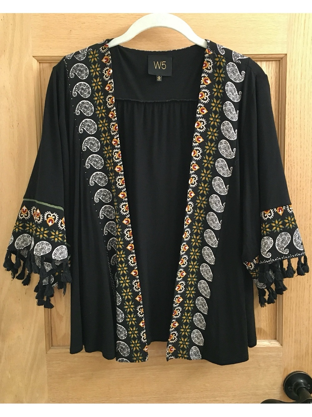 W5 Black Open-Front Embroidered Kimono Cardigan with Tassels